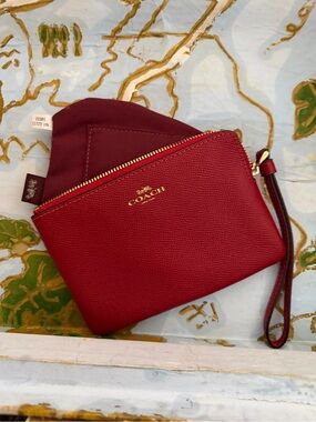 Coach Red Pebbled Leather Wristlet Pouch with Gold Hardware